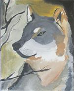 Painting of a grey wolf with brown elements